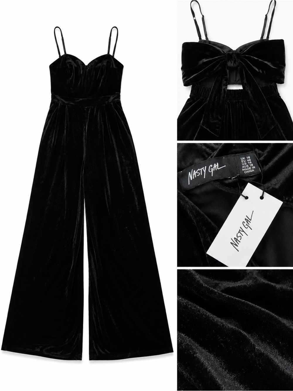 NWT Nasty Gal Black Velvet Bow Back Wide Leg Romper Size 14